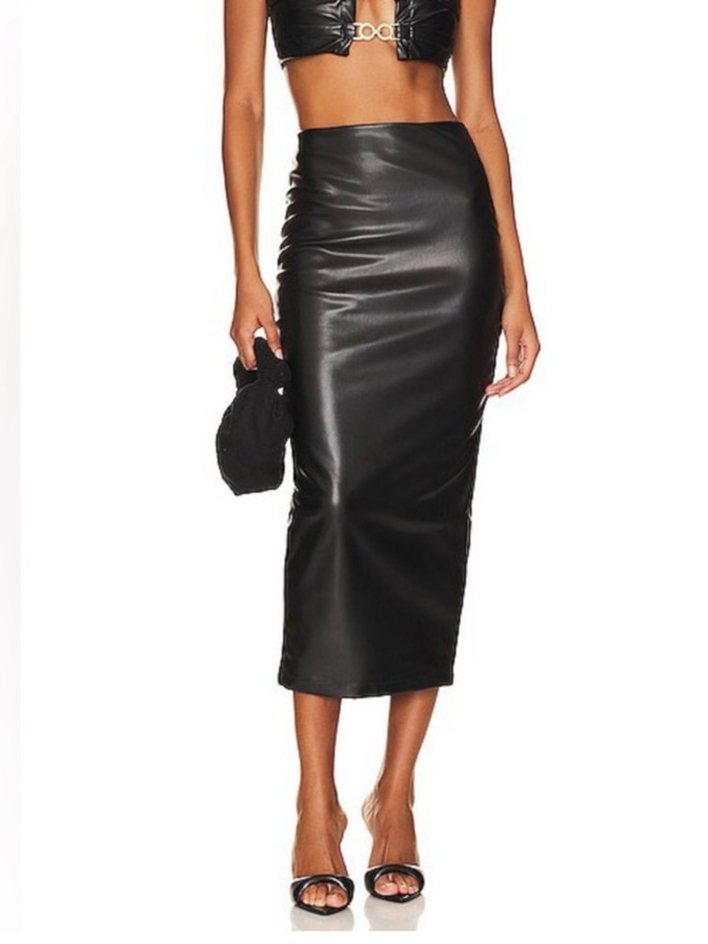 Nookie Drama Black Faux Leather Midi Skirt extra small XS NEW NWT stretch